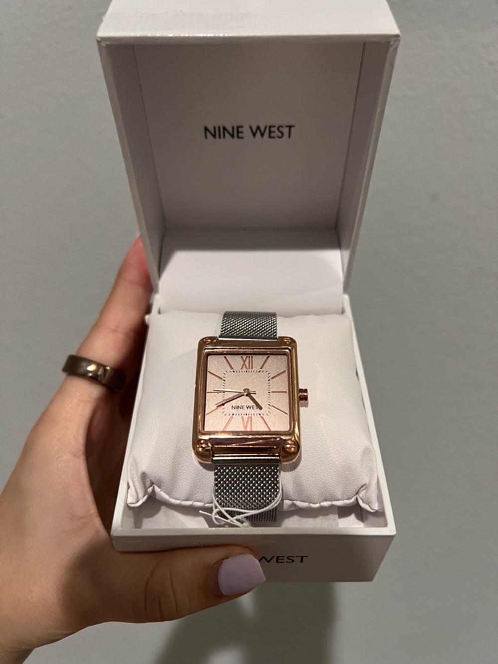 Nine West Rose Gold Case Silver Mesh Strap Rectangular Watch